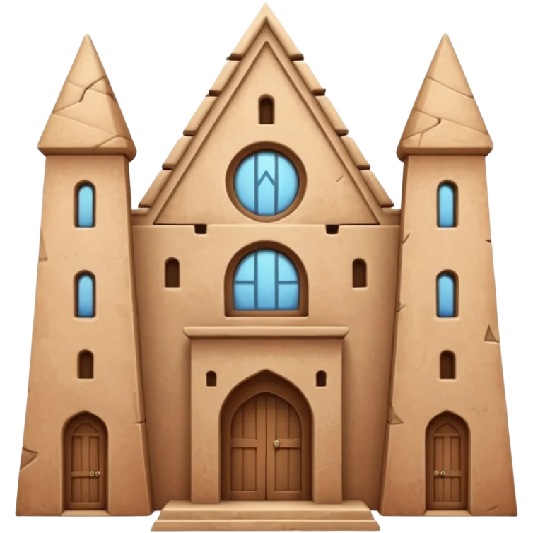 large ancient adobe building, front view, tall uneven towers, textured adobe walls, triangular window patterns, focus on scale and authentic architectural details, no central door, no sky or sunset emoji