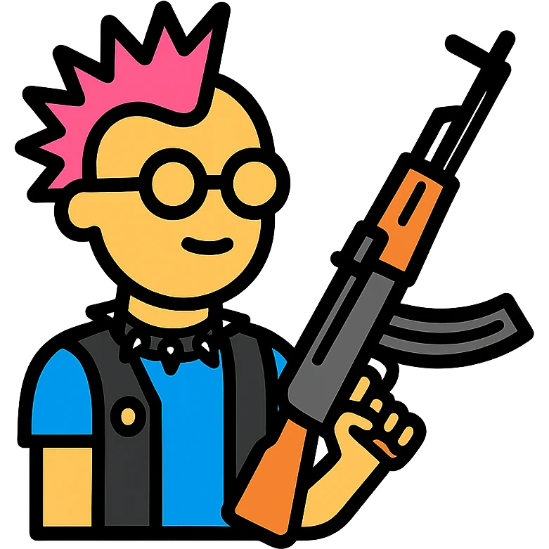 A punk guy with pink hair, wearing Harry Potter glasses, and holding an AK-47 emoji
