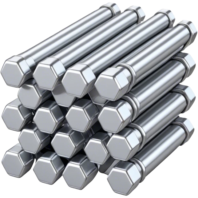 A bundle of thin uranium fuel rods used in a nuclear reactor, with a metallic silver or gray structure, cylindrical and slender rods, arranged in a hexagonal grid, realistic and industrial style, no green color, only metallic shades emoji