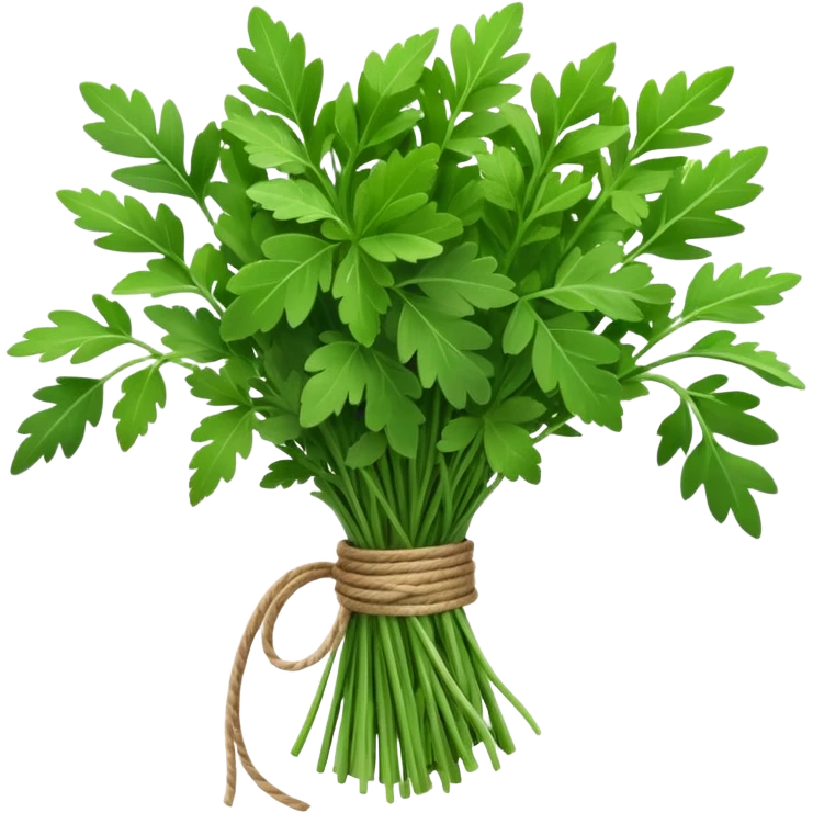 bundle of fresh herbs (thyme, bay, parsley), tied with string, green leaves with texture and color variation, neat bundle, clean 3D rendering, soft light, subtle shadow, no background elements, no anthropomorphic features, emoji scale emoji