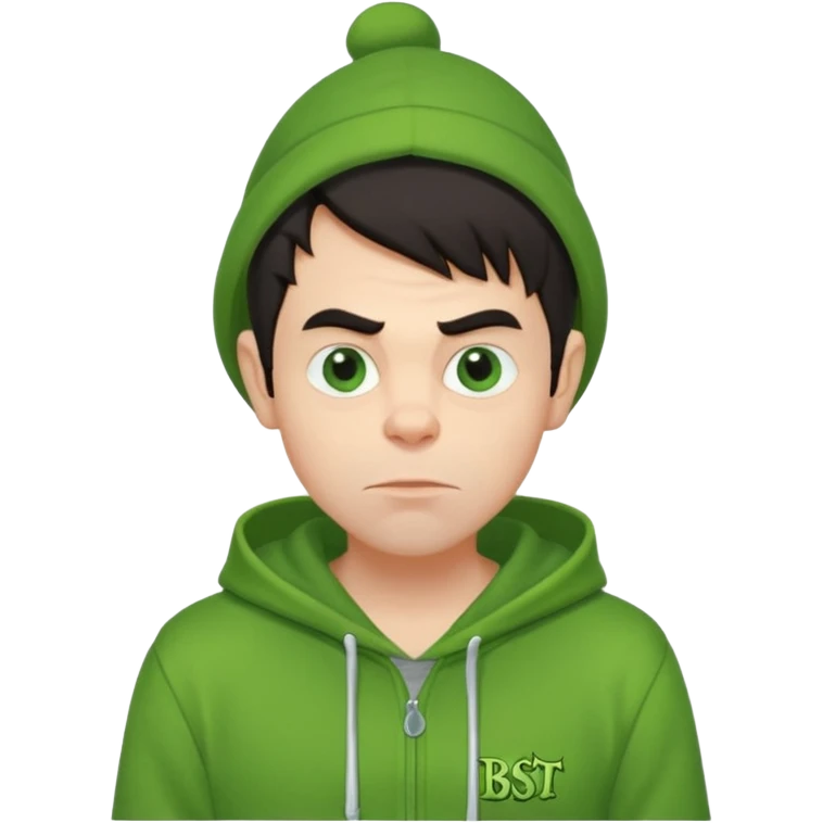 Create an avatar of white European with dark hair  male in hoodie with ``BST`` letters on it. Make background to look like from movie Grinch emoji