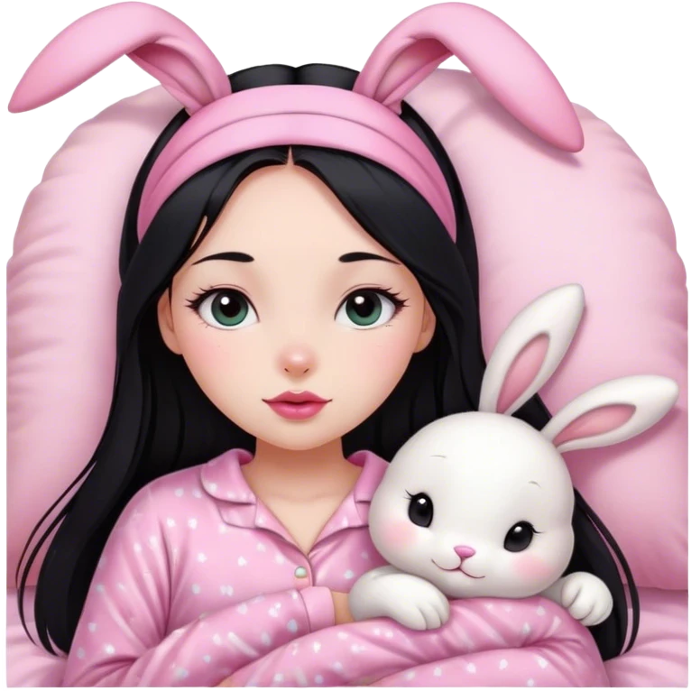 pretty girl, with straight long black hair, black eyes, long lashes, pink lips, wearing pink pajamas, and  cute white bunny ears headband on her head for sleep emoji