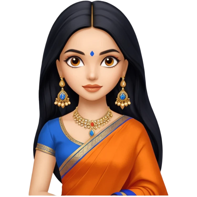 generate a pretty bratz Deepika Padukone with long black hair middle parted.
Wearing an orange saree with a blue blouse, golden jhumkas
SHe shoudl look like deepika padukone emoji