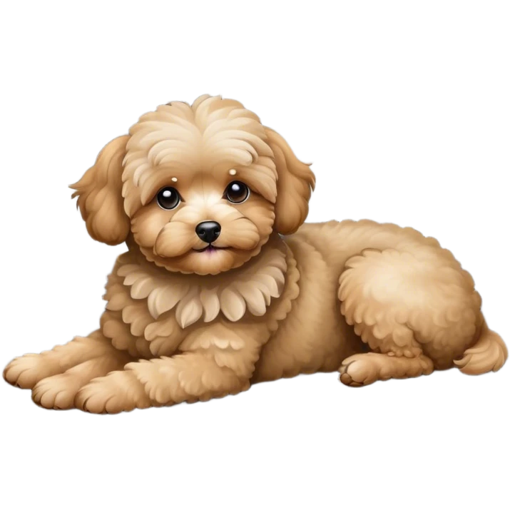 Tan maltipoo dog laying on a gray couch emoji