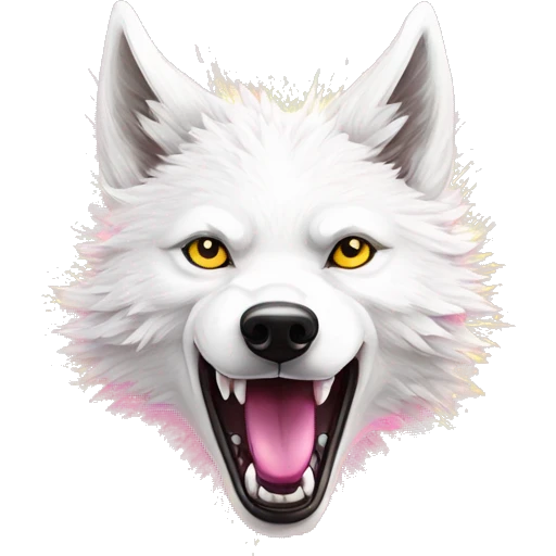 Sparkling crazy white aggressive wolf dancing snow mad big eyes illustration doodle high contrast lightning bolt halo sun beams white pink yellow red party sparkle glitter emoji