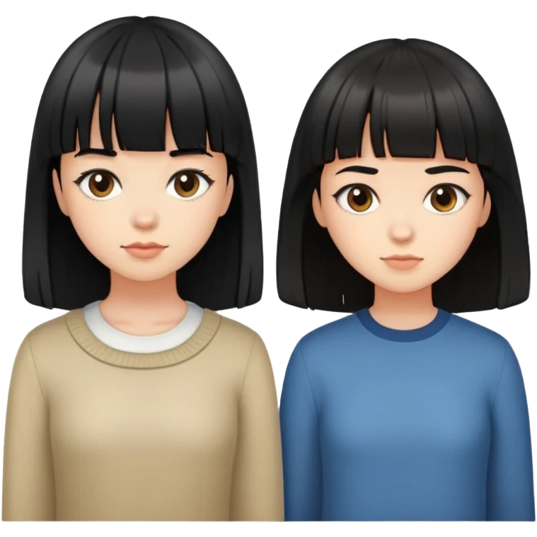 Two black-haired girls with bangs standing side by side - one with long hair and one with short hair emoji