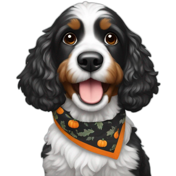 happy black and white cockapoo with a pumpkin and fall bandana emoji