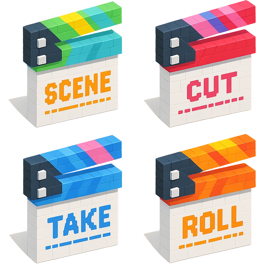isometric view collection of movie clapperboards in voxel style, each with different colorful lids and unique text emoji