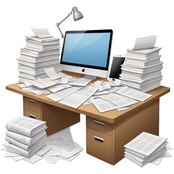 minimalist desk cluttered with papers spilling over, symbolizing overwhelming admin workload emoji