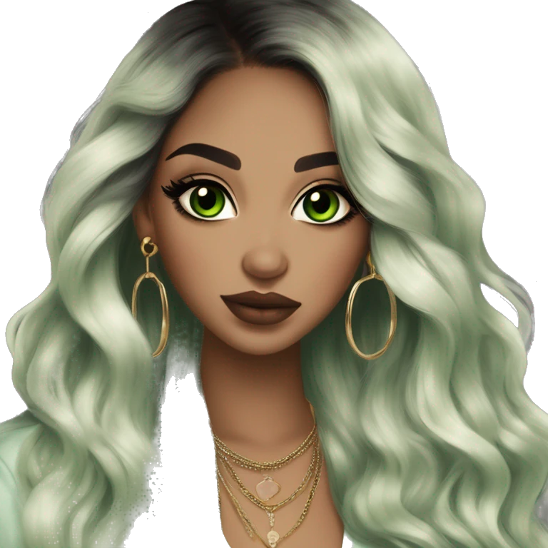 Glamorous, streetwear, black balayage hair, long wavy hair, olive skin, green almond eyes, winged eyeliner with big lashes, wearing hooped earrings, rings and bracelets, almond fake nails emoji