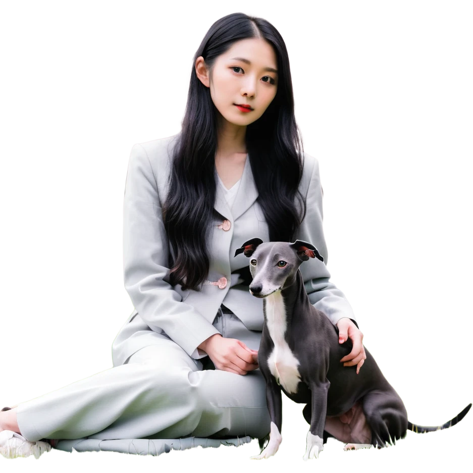 A very beautiful and attractive 25-year-old Chinese woman with long flowing black hair and a pure solid dark grey Italian Greyhound with ABSOLUTELY NO white markings anywhere on its body sitting under a cherry blossom tree. The dog must be completely solid dark grey with no white on chest, no white on muzzle, no white on paws - entirely one solid dark grey color. emoji