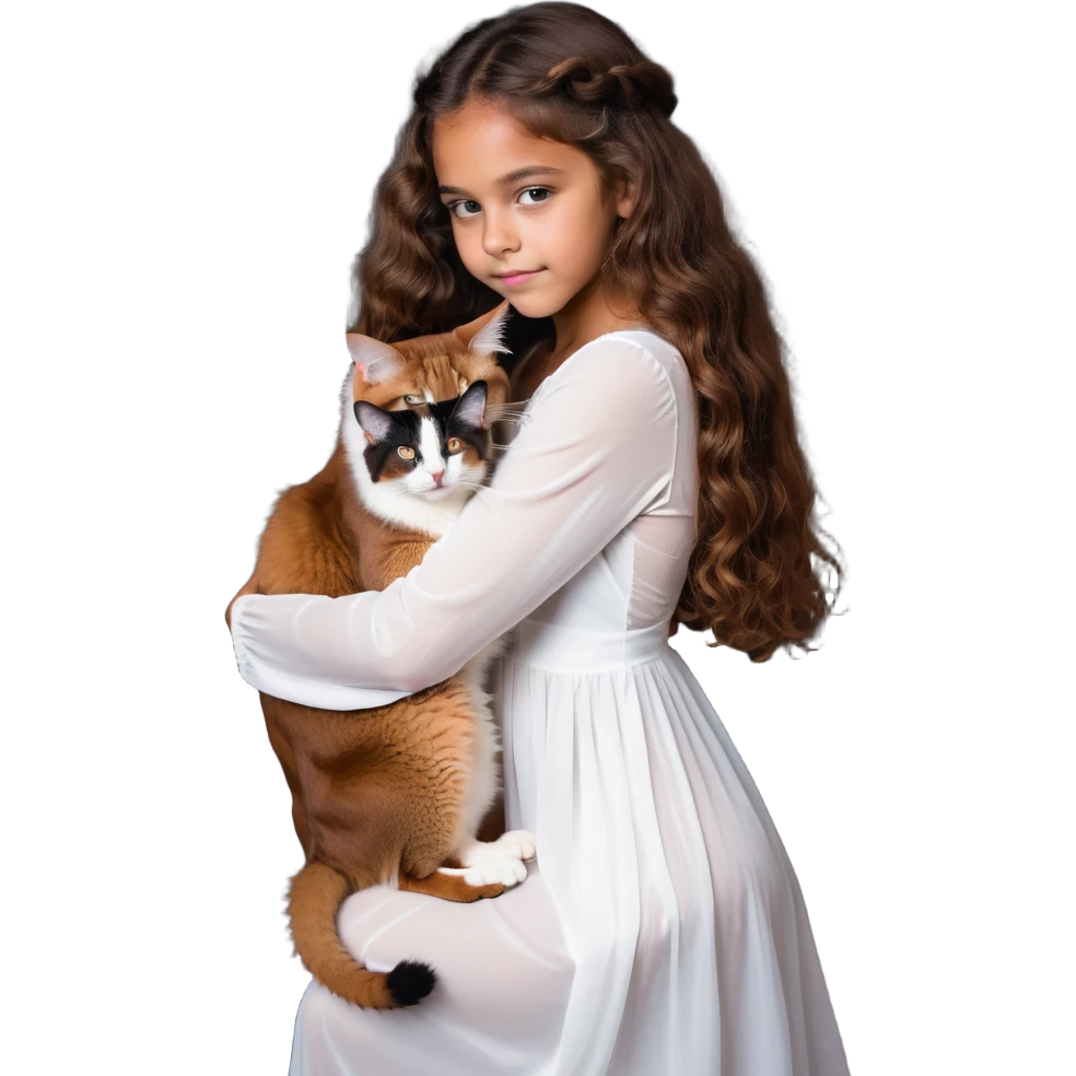 beautiful girl with curly long brown hair in a white dress cuddling an Abyssinian cat with reddish-brown fur emoji