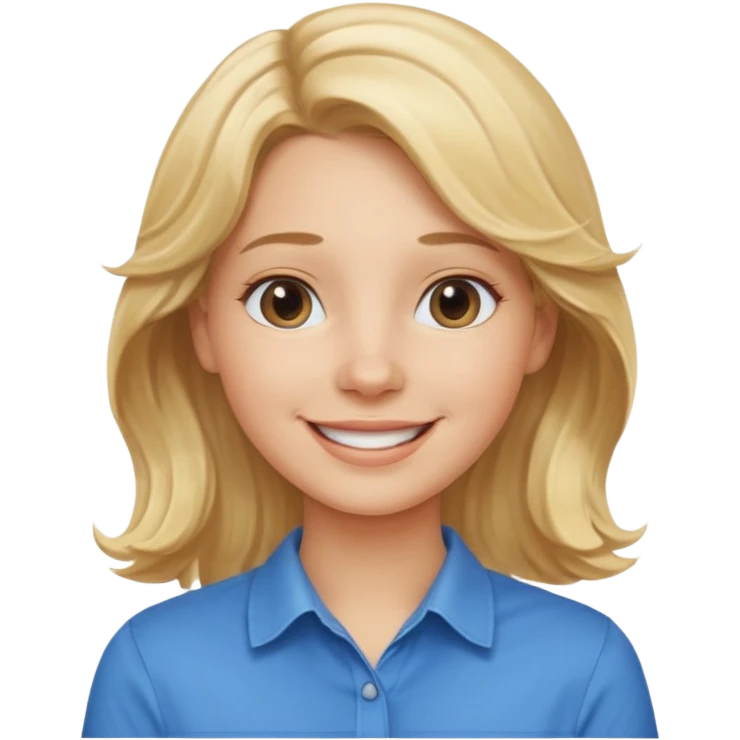 Happy blond girl with light weavy hair with a blue shirt but we can see only her face and neck and the top of the t shirt, no whole body emoji