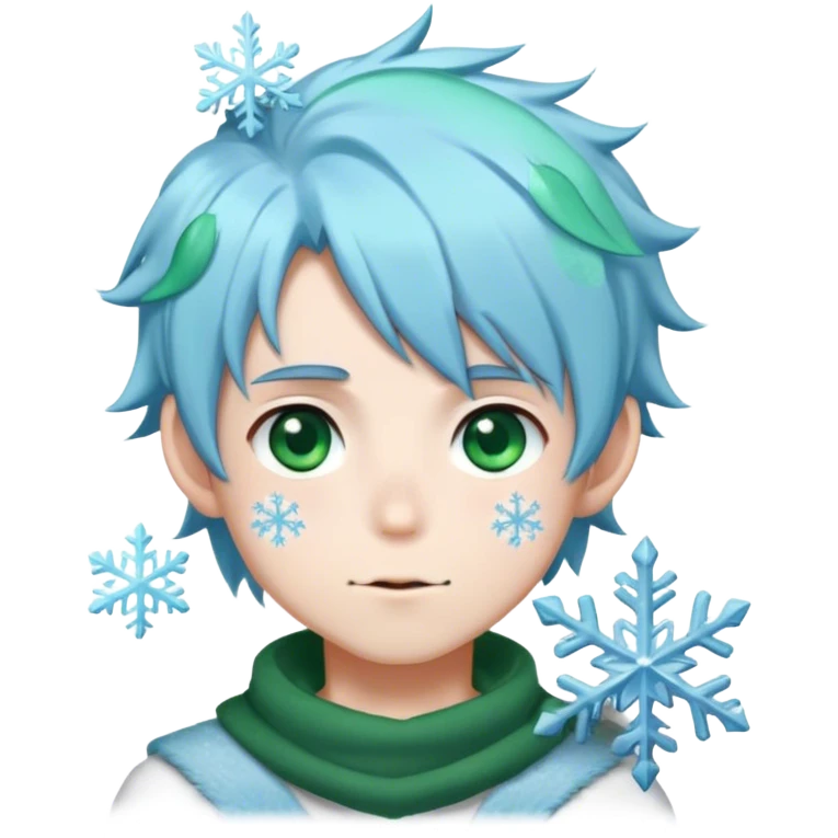Anime boy with light blue hairs, green eyes, a mole on the right side of the mouth and with a snowflake on the hair  emoji