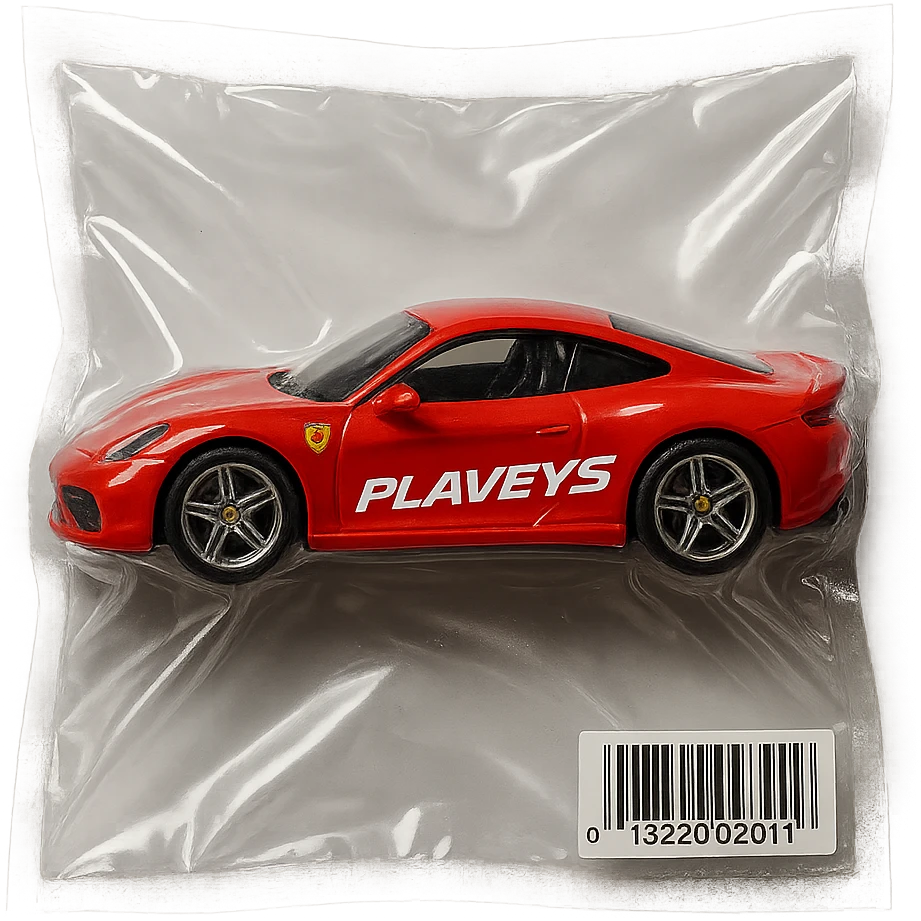 red Ferrari Hot Wheels car in packaging, 'PLAVLEYS' in italic racing font on the side, glossy and puffy vacuum-sealed style emoji