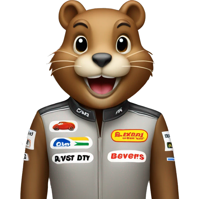 a beaver as a formula driver squeaking emoji