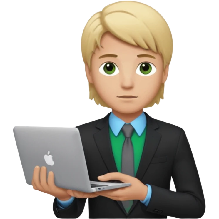 a young boy of about 20 with blond hair that is medium length, he is dressed in suit with tie and jacket, tie blue jacket black, in his hands he has a gray macbook, and black iphone. green-brown eyes emoji