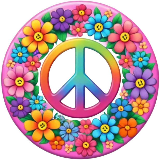 A round psychedelic colored button with a peace sign and flowers in the center emoji