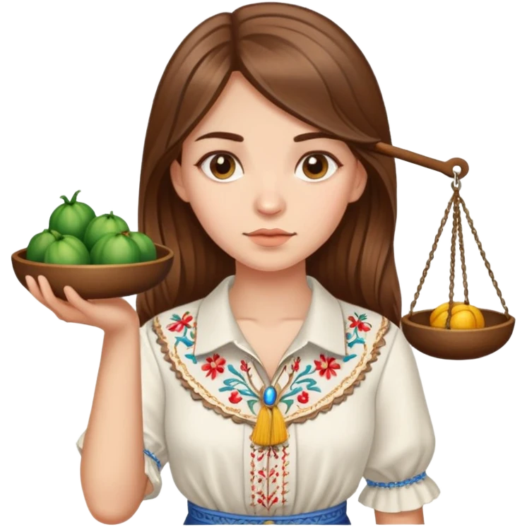 A Ukrainian girl with brown hair in an embroidered shirt holds the scales of truth in her hand emoji