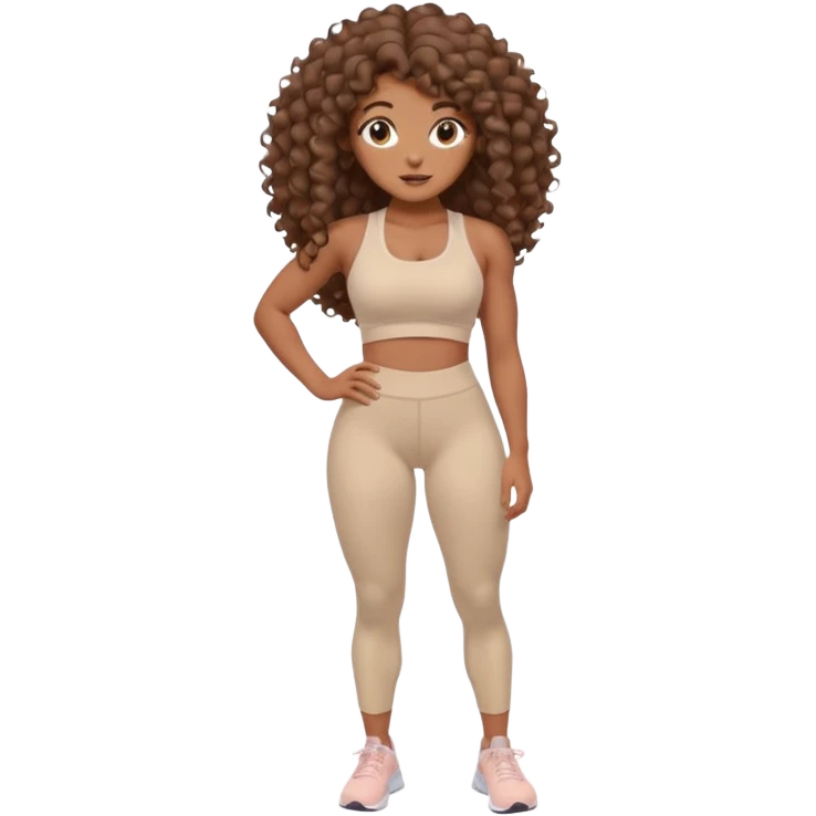 Create dream body girl with big glute and small waist and brown curly long hair with pastel beige gym clothes  emoji