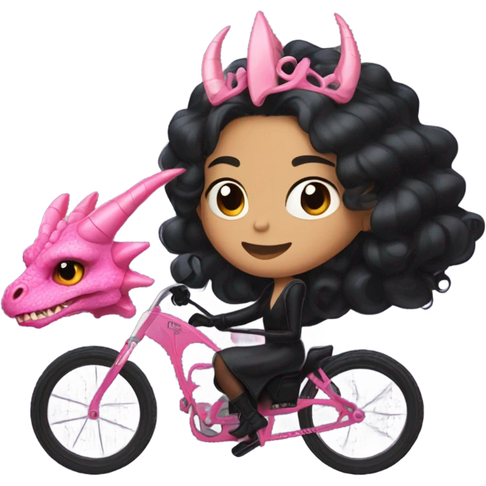  black evening gown with see-through gloves, Jenna Ortega as Addams woman prom queen wearing a mini tiara, very large blood  pink evil-looking horned old dragon bike emoji