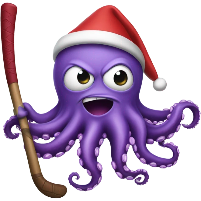 angry purple octopus, holding a brown hockey stick, and wearing a red santa hat  emoji