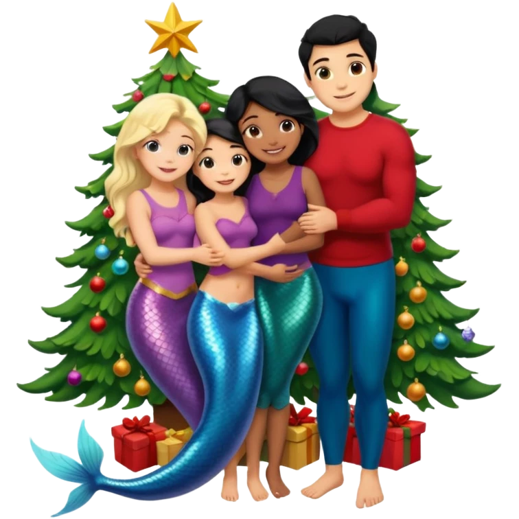 Generate Christmas-style emojis  family. Where light-skinned people stand near the tree all together, hugging and smiling.  girl should be Light-haired woman, mermaid woman, black-haired woman, and 1 man . Add 4 people: Mother, Sister, Sister, Brother  emoji