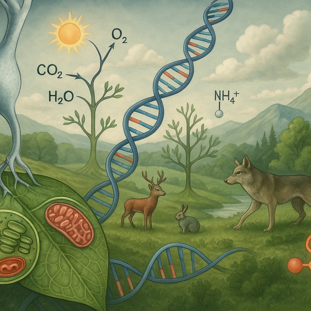 A panoramic scientific illustration merging all key biology topics for grades 11-12 into one continuous ecosystem scene, ultra-realistic style: In the foreground, a neuron (neurobiology) synapses with a leaf's vascular system (applied biology). The leaf undergoes photosynthesis (energy conversion) while revealing microscopic views of chloroplasts and mitochondria. Its DNA strands (molecular genetics) morph into a phylogenetic tree (evolution) that forms the landscape. In the background, a balanced ecosystem (ecology) shows predator-prey dynamics and nutrient cycling. All elements flow together organically through biological connections - no artificial borders, labels, or sections. Color palette: natural greens/blues with molecular structures in accurate scientific colors (red ATP, blue DNA). Style: National Geographic scientific realism with macro-to-micro transitions. emoji