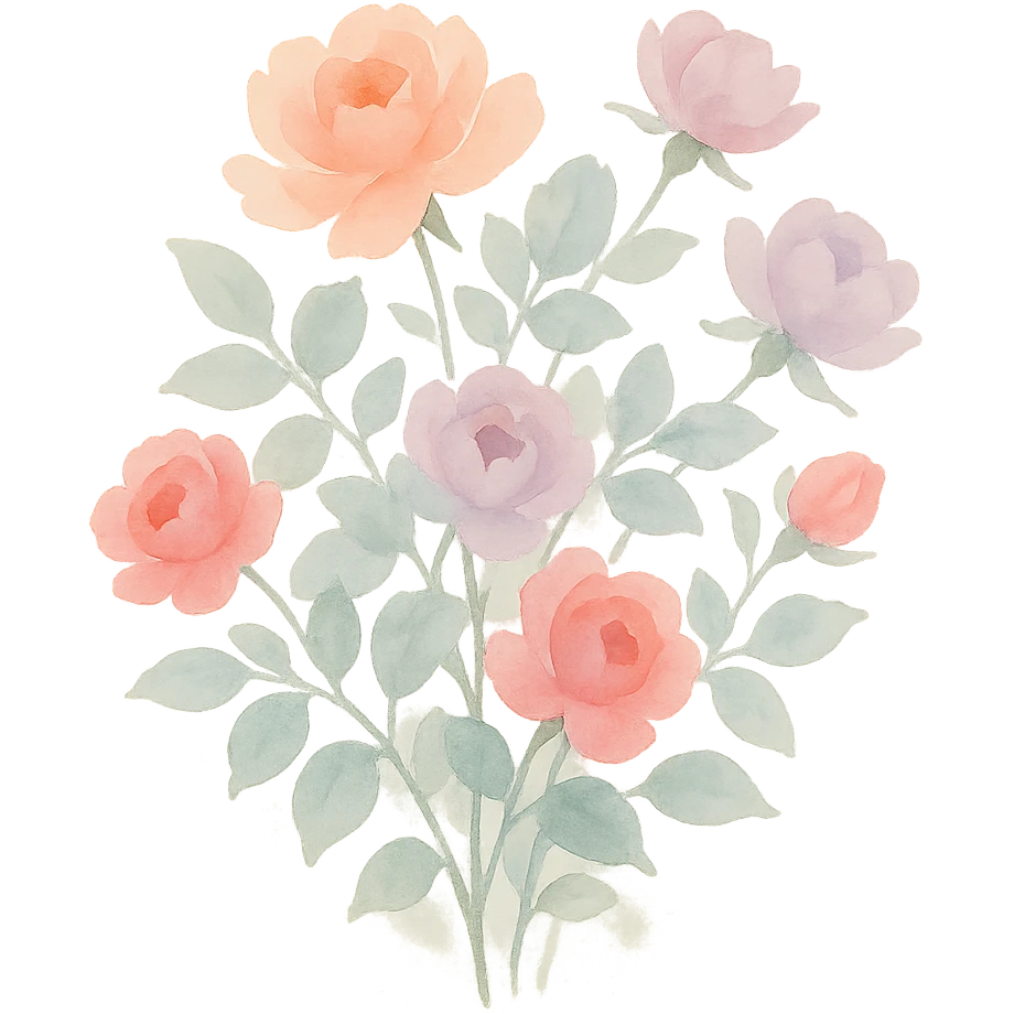 rose bush with many blossoms, luminous colors, gentle blending, expressive leaves, various rose colors, watercolor art style emoji