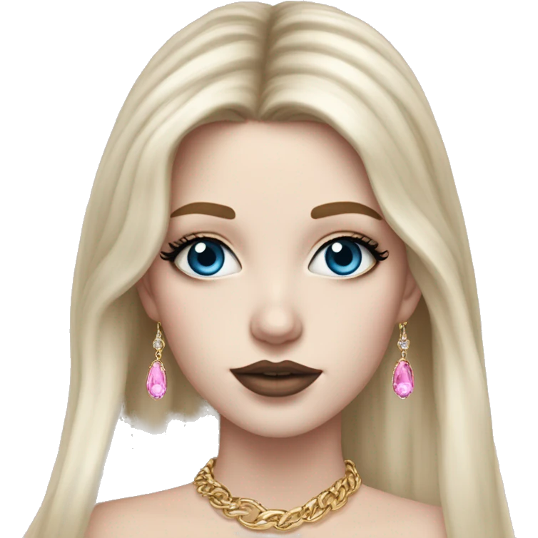 Hyperrealistic pale white girl with blue eyes and long black hair with pink fringe. Wearing gold chain necklace, gold diamond earrings and has dark eye makeup on her eyes emoji