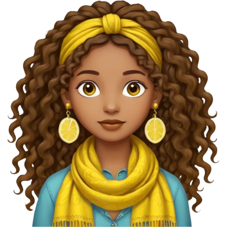 boho girl, brown skin, long curly brown hair tied up, lemon yellow scarf, round earrings emoji