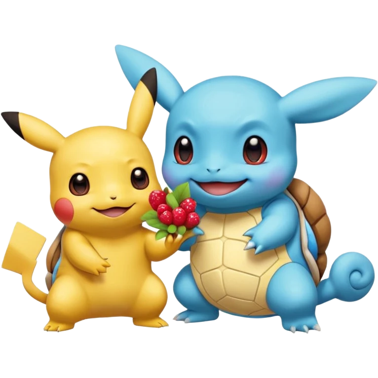  Pikachu has a light to share, but Squirtle has none. Pikachu sees this is unfair, so he shares the berries with Squirtle. They smile and eat together. Show this as a cute Pokémon emoji scene about justice and fairness.

 emoji