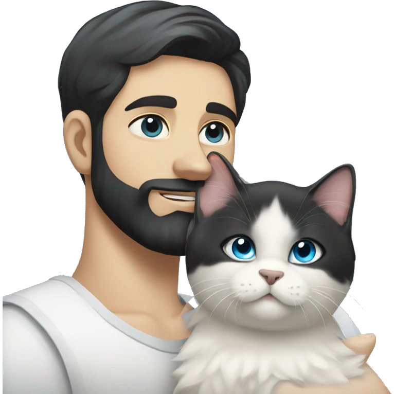 A guy with a black earing and black short hair and black beard and holding a all white Siberian cat with blue eyes  emoji