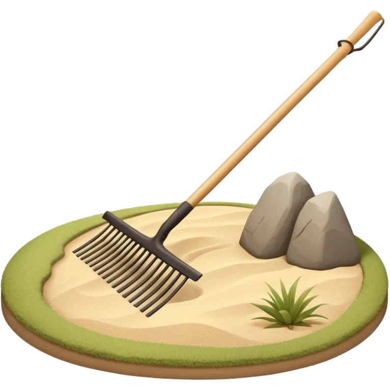 Minimalist emoji of a traditional Japanese zen garden rake (kumade) thin and balanced lines, natural light wood texture, soft sand-beige and warm neutral tones, flat vector style with subtle depth, centered composition, transparent background emoji