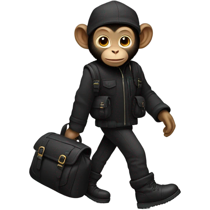 Monkey wearing black clothes black ugg boots and a black backpack emoji