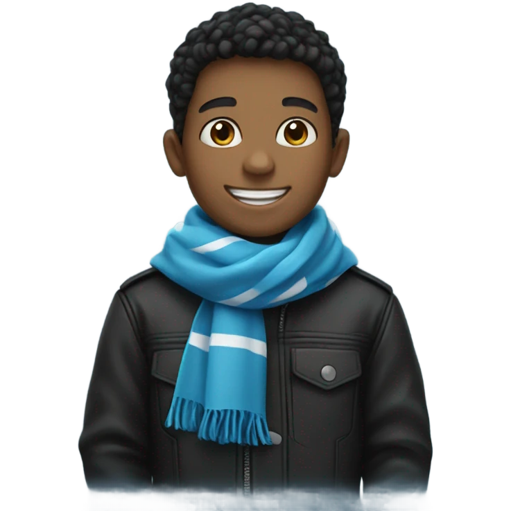 smiling boy in black jacket wearing blue and white scarf emoji