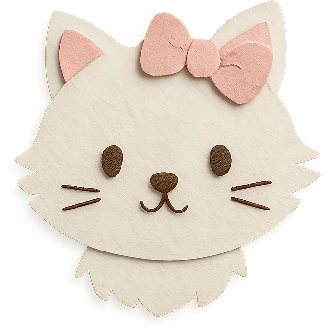 cute fluffy white kitten with a light pink bow, paper craft style emoji