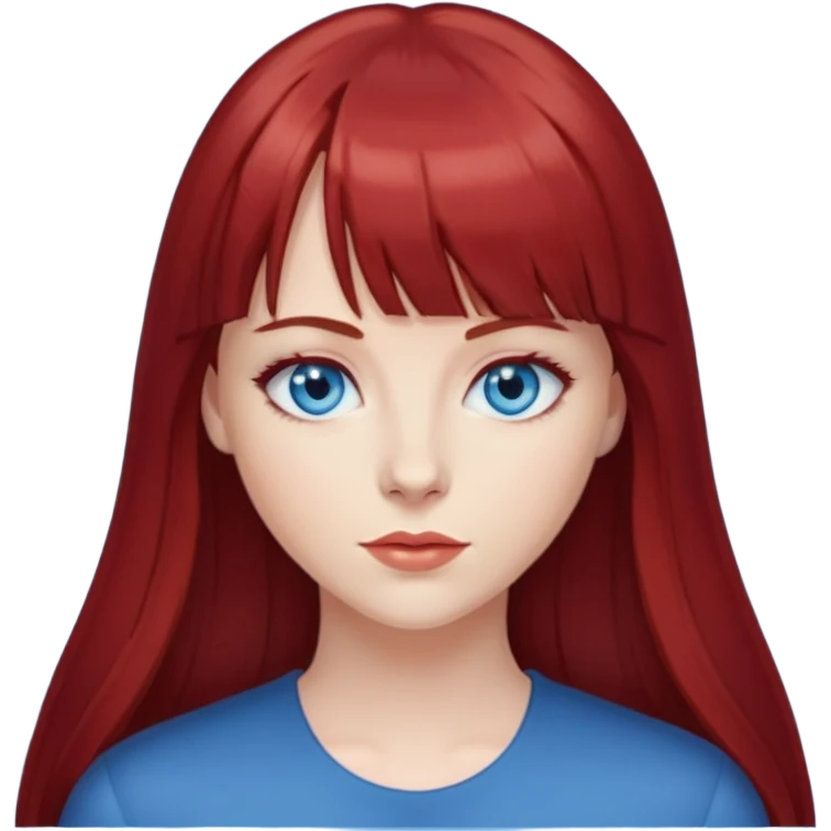 Mulher de cabelo liso longo vermelho escuro com franja e olhos azuis emoji