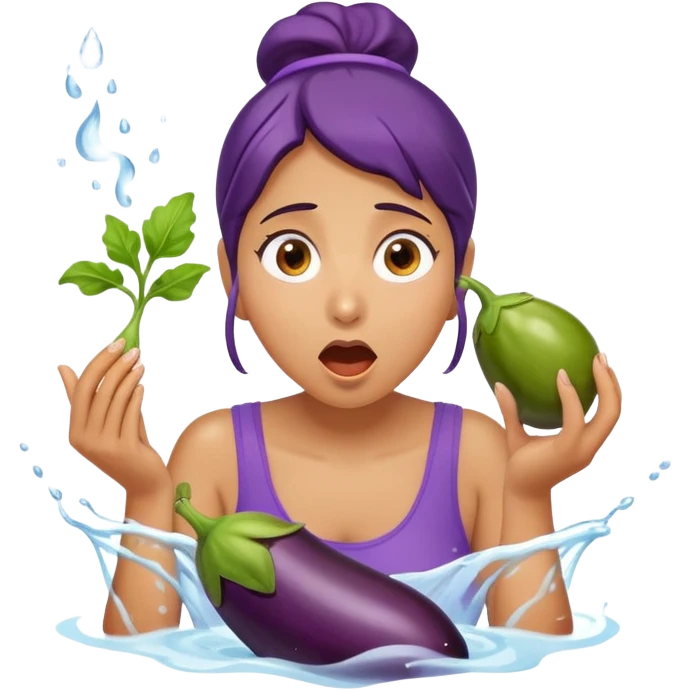 surprised woman eating an eggplant, eggplant squirting a stream of water, expressive face emoji