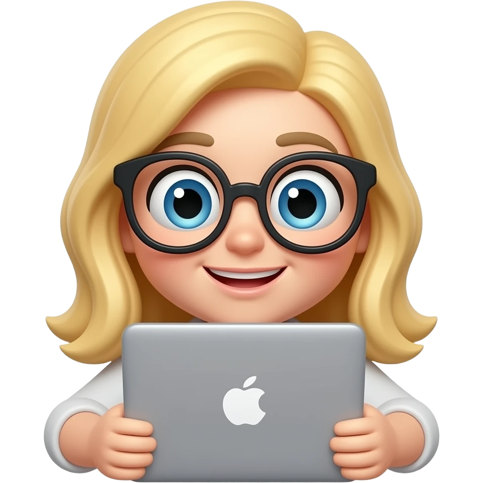 3D emoji-style female character with blode hair and big glasses, eyes wide, peeking over a laptop, emoji