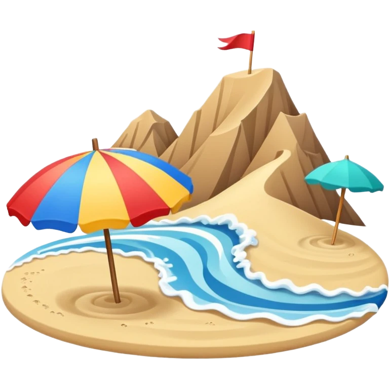 compact emoji sandy beach, colorful parasol, curling wave, small eco-hab, distant mountains emoji