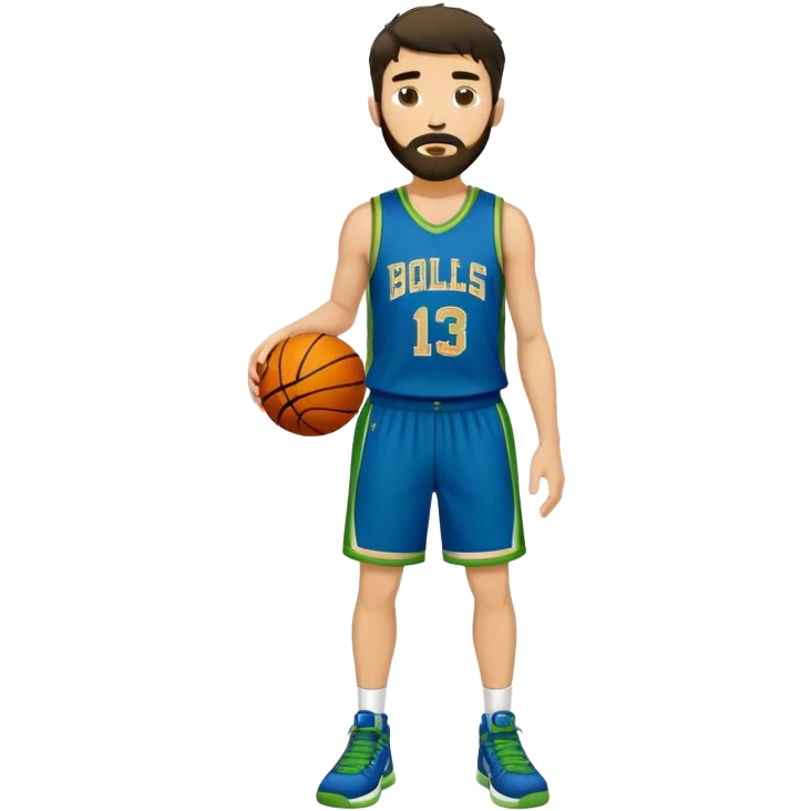 Full Body  white male basketball player with short dark shaggy hair and gold tee beard wearing blue and green uniform emoji