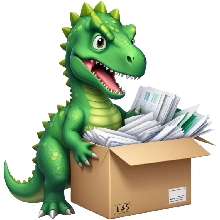 angry office dinosaur holding a huge boxe bursting with a lot of documents and papers emoji