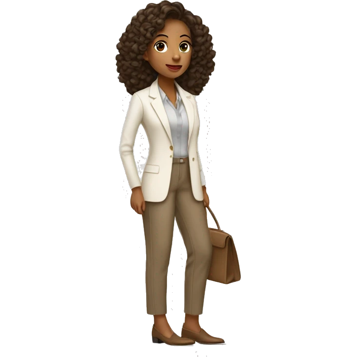 Arquitecto mujer piel blanca, cabello rizado café vestida con un traje sastre contemporáneo y moderno color beige y mocasines contemporáneos  emoji