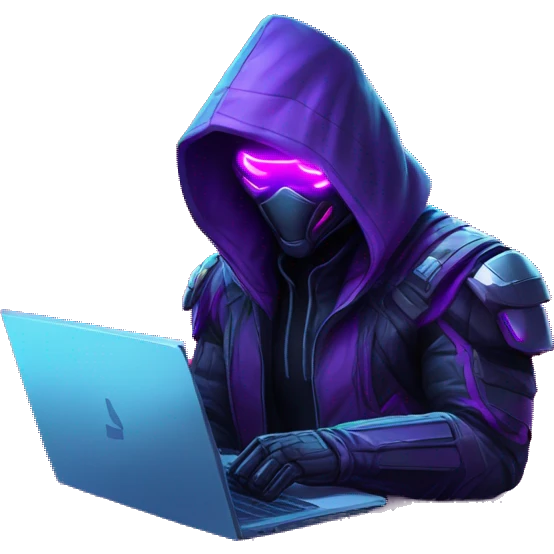 Hacker behind his laptop with this style : crysis Cyberpunk Valorant neon glowing bright purple character purple violet black hooded assassin themed character emoji