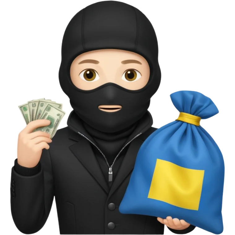 create an incredibly realistic white thief in a black suit and balaclava with a bag of money and a Ukrainian flag on it emoji