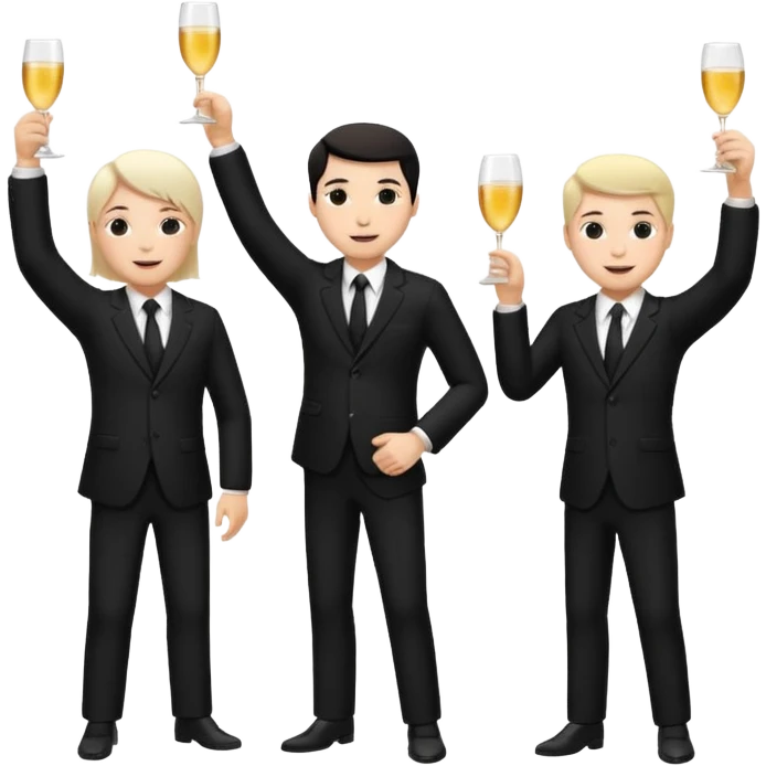 Un equipo de venta con trajes negros, personas blancas solo 3 celebrando un logro con un brindis. El fondo negro totalmente  emoji