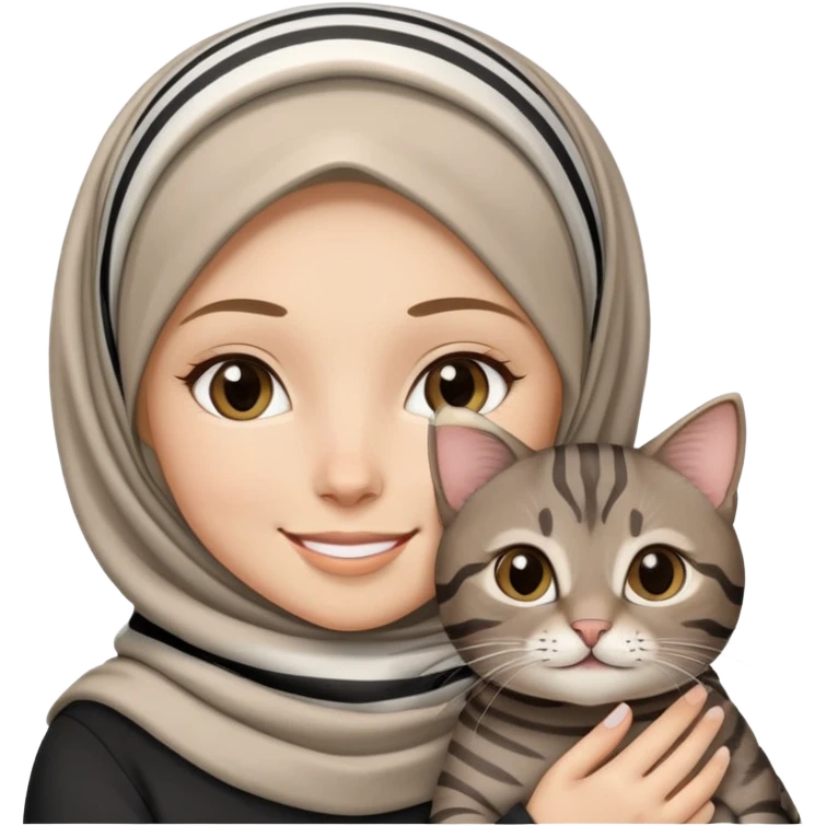 White girl wearing hijab smiling while holding a black grey brown stripes tabby cat emoji
