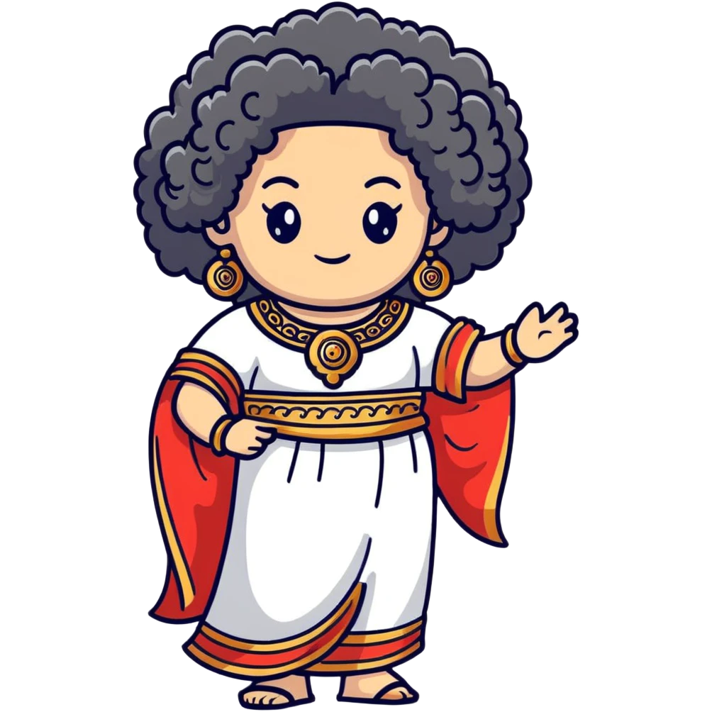 Stunning Greek-inspired character with massive voluminous curly hair flowing down, ornate traditional jewelry, and cute stylish Greek clothing emoji