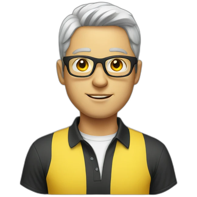 White man with yellow tinted glasses and black hair in a polo shirt emoji